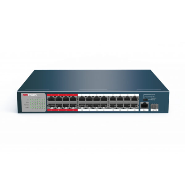 Неуправляемый PoE-коммутатор 24 PoE 10/100M RJ45, 1 uplink порт 1000М, 1 1000M SFP, DS-3E0326P-E/M HIKVISION