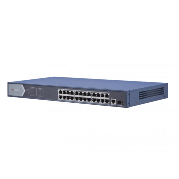Неуправляемый PoE-коммутатор 24 PoE 10/100M RJ45, 1 uplink порт 1000М, 1 1000M SFP, DS-3E0526P-E HIKVISION